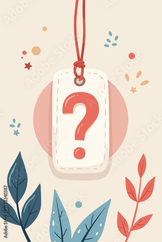 Tag with a question mark surrounded by colorful leaves and decorations