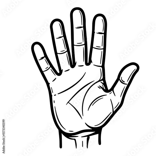 Human hand illustration shows open palm, detailed fingers, and simple wrist outline, making it easy to recognize. Open palm represents gesture, greeting, reaching, or offering,