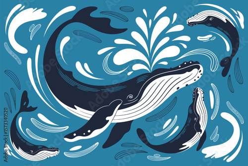 Humpback whales frolic in vibrant blue ocean, spray bursts creating a lively marine scene with a charming artistic style.