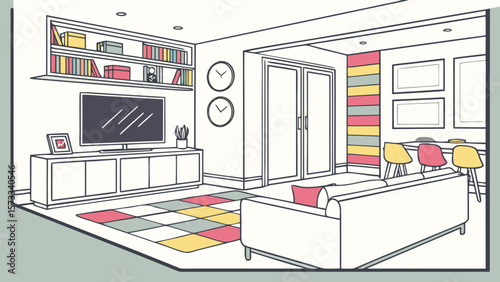Modern living room interior design with tv sofa bookshelf and colorful rug stylish home decor ideas