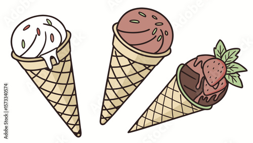 Delicious ice cream cones vector illustration strawberry chocolate vanilla for summer dessert treat 100