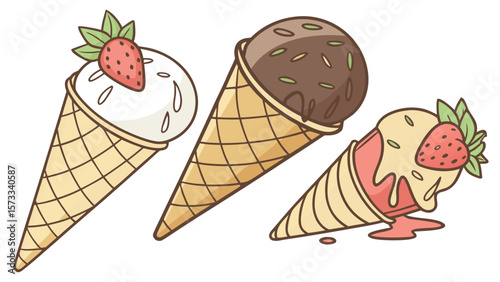Delicious ice cream cones vector illustration with strawberry topping and chocolate flavor for summer treat