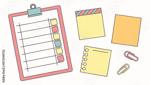 Clipboard checklist to do list planner with sticky notes and paper clips for organization and planning