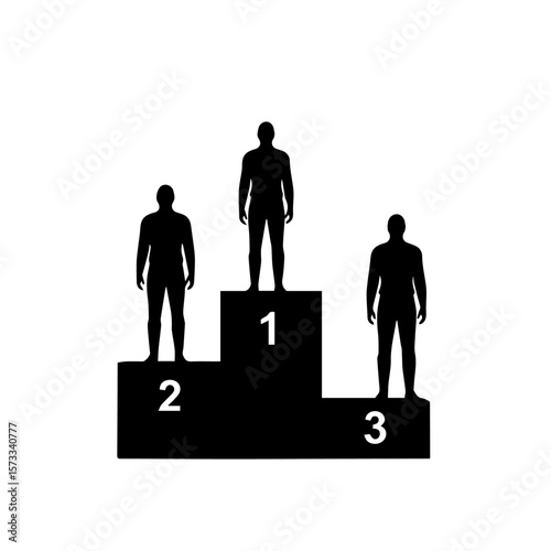 Three silhouettes stand atop a winner's podium in a stark sports podium setup. The sports podium visualizes rankings: number one, number two, and number three, signifying achievement.