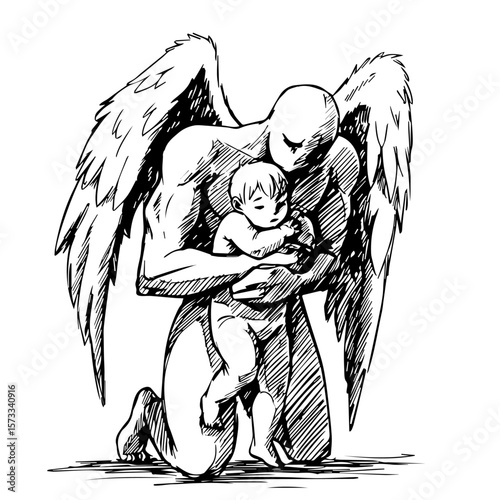 Winged protector embracing infant in artistic sketch. Winged protector showing parental affection, the careful drawing reveals emotion and a sense of security. Winged protector as symbol of nurturing,