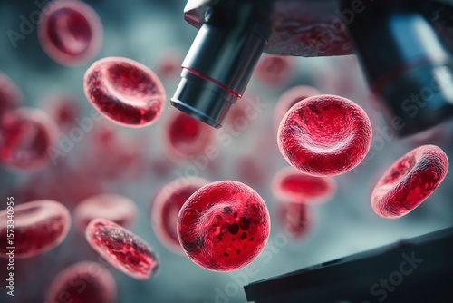 Red blood cells are magnified under a microscope, showcasing their intricate structures. The scientific environment highlights research and observation in hematology.