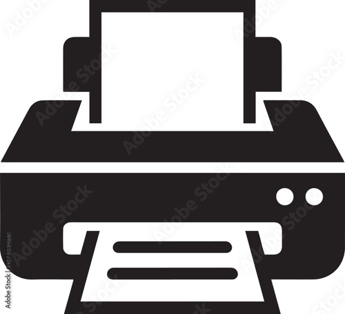Solid black printer icon vector illustration with paper, office equipment symbol for printing documents