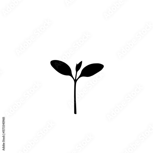 Simple seedling silhouette on white background, a small plant shoot. Seedling graphic illustrates new life and growth, depicting potential. Use seedling silhouette for botanical illustration,