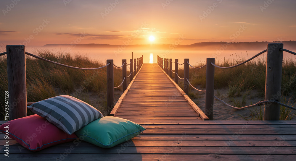 Obraz premium Wooden boardwalk with colorful pillows leading to sunset over water. Romantic pathway and relaxation spot for vacation getaway and waterfront dining experiences