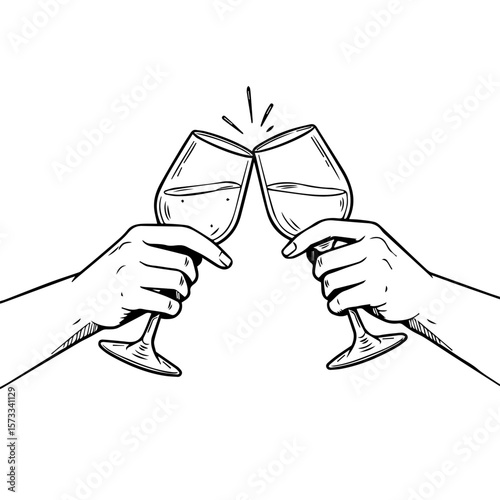Toasting wine glasses with celebratory drinks in hand drawn style. Two hands toasting is a gesture of celebration, friendship, and good cheer for many special occasions.