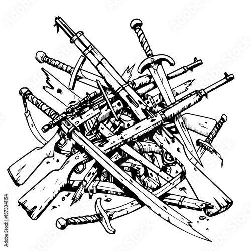 Line art rendering of discarded weapons, rifles, and swords, depicting a pile of obsolete weapons. The image is a symbolic representation of abandoned weapons,