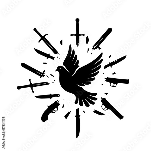 Symbol of peace with flying dove surrounded by knives and pistols, depicting hope despite violence. Symbol of peace promotes nonviolence and conflict resolution, dove contrasts with weapons.