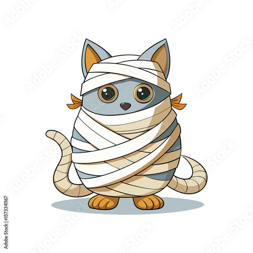 Funny mummy cat wrapped in toilet paper vector illustration, cute Halloween humor design, white background, cartoon style for kids and adults, printable art.