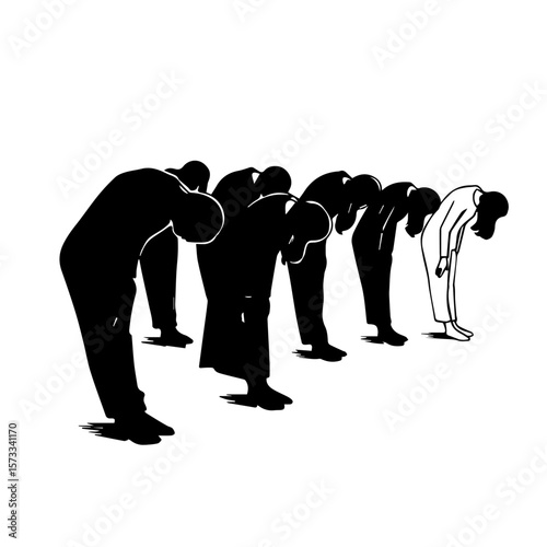 Illustration of standing out in a group of silhouetted figures bowing, emphasizing individual effects. Concept of Image FX with creative variations and distinct effect, representing innovation.