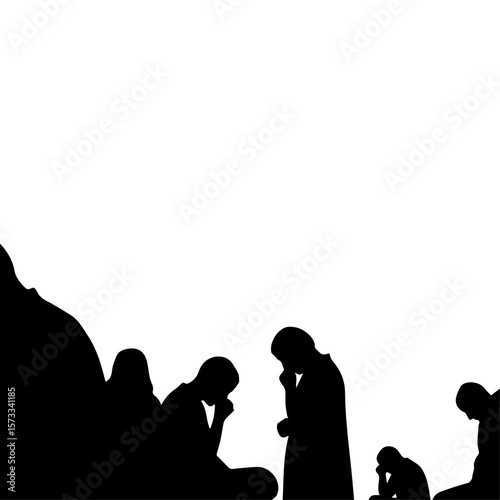 Image effects with thoughtful figures contemplating future scenarios, as seen in black silhouettes. Image effects evoke a sense of anticipation, reflecting on moments and capturing time.