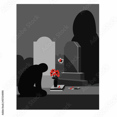 Mourning future effect shows silhouette figure kneeling at grave with flowers and books, symbolizing loss of future experiences. Future effect depicted powerfully evokes sorrow and introspection,