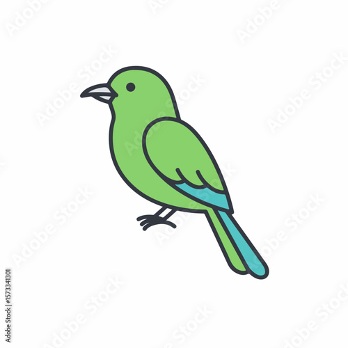 Green bird graphic illustration of a small bird with minimalist lines. The avian graphic presents a simple bird on white, isolated background, designed for diverse applications.