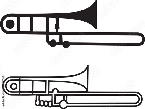 Trombone musical instrument outline and solid silhouette vector illustration, brass instrument icon set