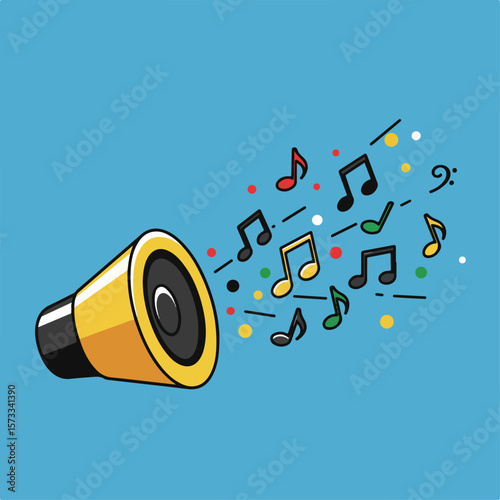 Graphic image displaying sound effects through vibrant notes emanating from a speaker, representing audio visualization.