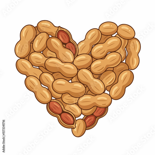 Peanut heart on white backdrop symbolizes love and healthy snack. Peanut heart shape crafted with shelled and unshelled groundnuts shows healthy snack alternative.