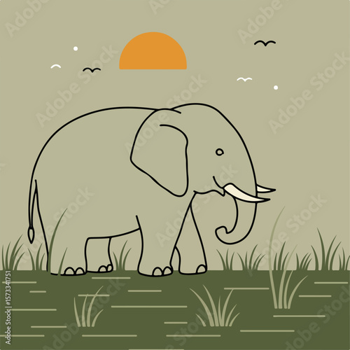 Elephant drawing in minimal style standing in african savanna landscape. Elephant drawing showing an asian pachyderm under sun, birds, and grass in simplistic illustration.