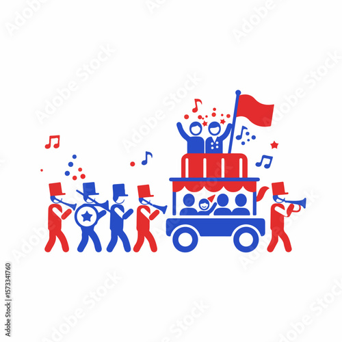 Festive parade celebrates special occasion, with costumed characters marching and riding themed float. Holiday parade featuring joyful participants in patriotic colors enhances mood.