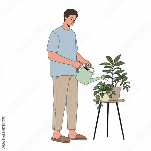 A man is watering a potted plant on a stand with a watering can, tending to his indoor greenery.
