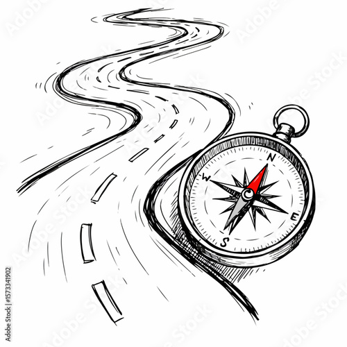 Road map illustration shows winding highway and compass, navigation concept. Road map drawing emphasizes journey planning with compass to guide exploration and discovery.