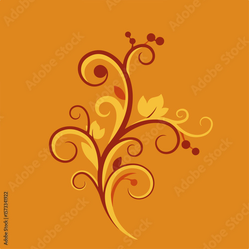Swirling floral flourish isolated on orange background, with decorative leaves and berries. Swirling floral flourish with spirals, tendrils, and stylized botanical elements on a solid background.