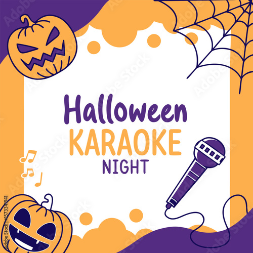 Illustration of halloween karaoke night with pumpkins, spider web, microphone and musical notes design elements