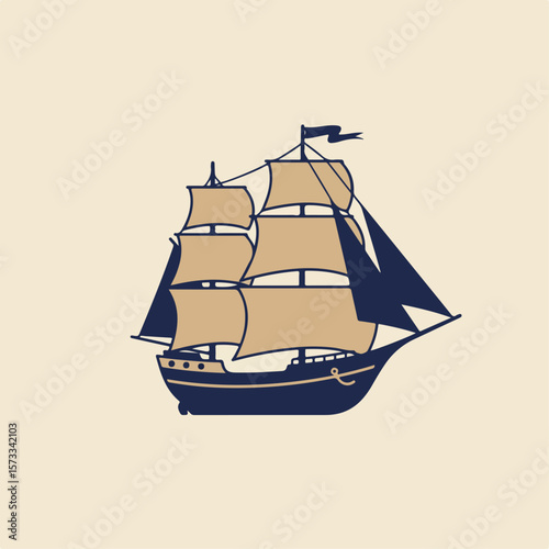 Vintage ship illustration with sails and rigging on neutral background. Vintage ship artwork for nautical enthusiasts evokes maritime history and travel, rendered in a retro style.