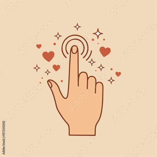 Finger pointing and sparkling, a Finger pointing gesture with hearts and stars around it. Concept Finger pointing as way to indicate something, or some action.