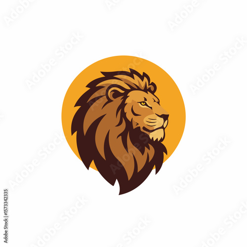 Lion mascot illustration with regal lion head against circular backdrop. Striking lion mascot for sports teams, schools, or gaming. A vibrant lion mascot can be used for branding and logo design,