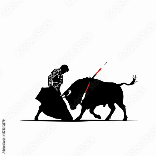 Matador fights aggressive bull during bullfight, performing dramatic movements in silhouette, artistic rendering. Bullfight shows the bravery of man against beast, capturing culture and tradition.