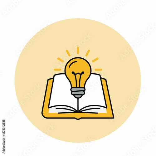 Creative idea illustration shows lightbulb above open book, symbolizing knowledge and inspiration. Creative idea is sparking in mind, shining in bright colors and forming educational concept.