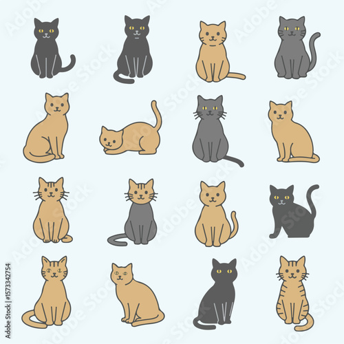 Cute cat illustrations show various cat poses in simple style. Sixteen cute cat illustrations with outlined body shapes in various poses makes adorable collection.