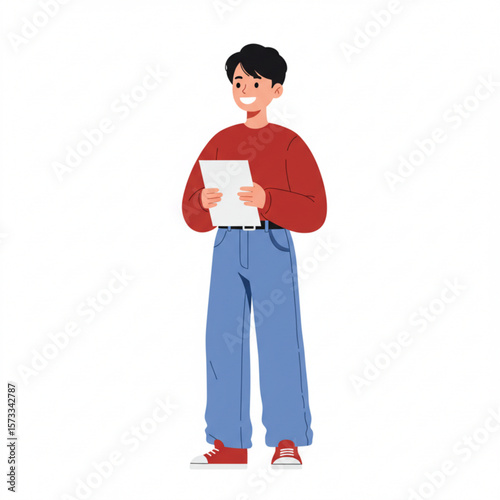 Smiling young man holding a sheet of paper, standing confidently.
