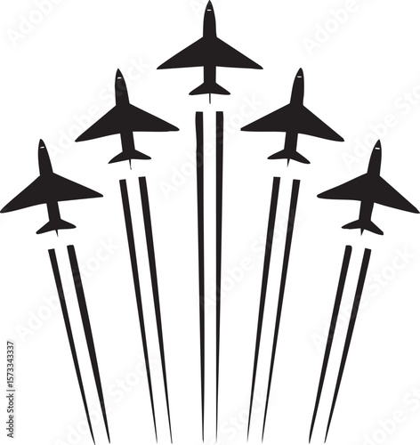 Five silhouette jet fighters flying in formation with smoke trails isolated on transparent background