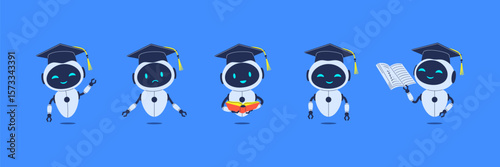 Set of cute robots in mortarboard. Vector characters in graduation caps for education, student chatbot and school assistant characters