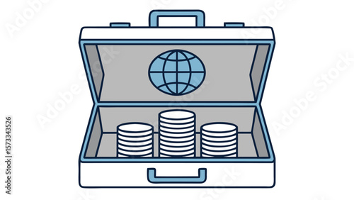 Open briefcase with stacks of coins and globe symbol representing global finance
