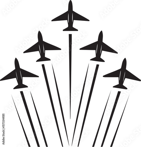 Five black airplanes flying in formation leaving contrails isolated on transparent background