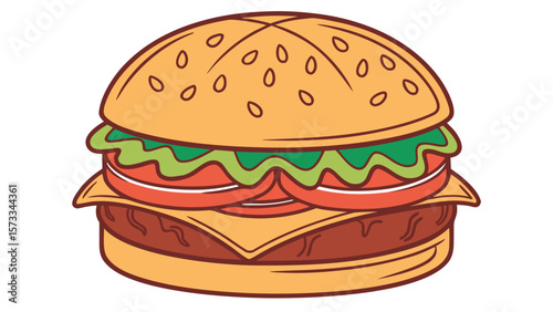 Stylized illustration of a large cheeseburger with lettuce tomato and sesame seed bun