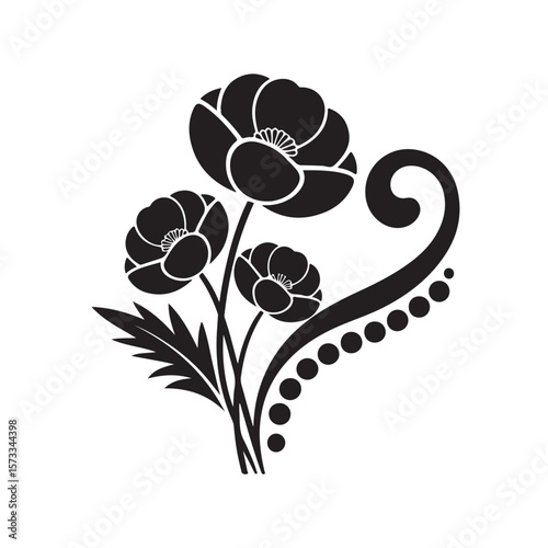 Elegant black and white poppy flower design with swirl and dots