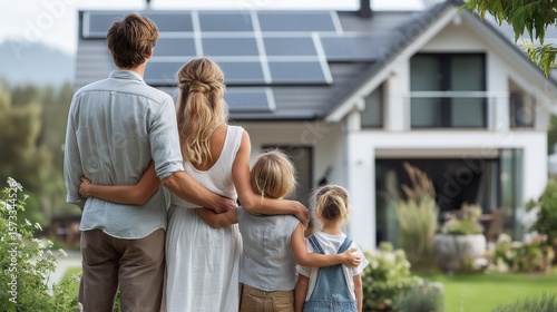 Family enjoying outdoor moment in front of modern sustainable house with solar panels and eco-friendly lifestyle, Generative AI