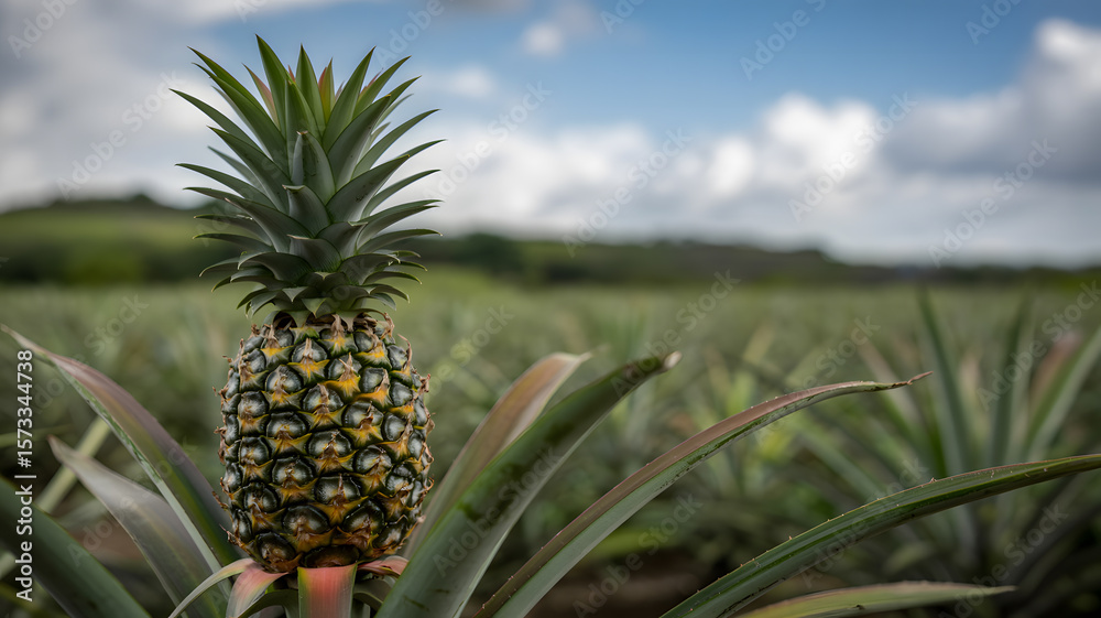 Obraz premium Pineapple Majesty: Tropical Close-Up Amidst Expansive Fields and Sunlit Skies