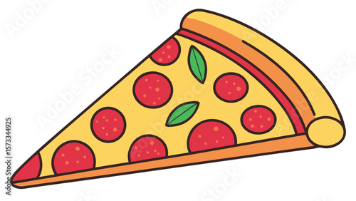A delicious slice of pepperoni pizza with basil leaves on a white background