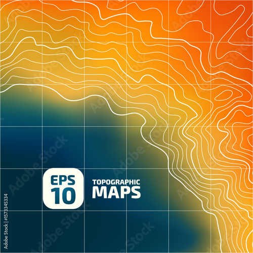The stylized height of the topographic contour map in lines, contours. Iridescent play of color of water and land. Concept of a conditional geography scheme and the terrain path. Vector illustration.