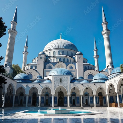 A grand Ottoman-style mosque with a large central dome and four slender minarets, intricate blue and white Iznik tile patterns, arched doorways, marble courtyard with ablution fountains, lush gardens 