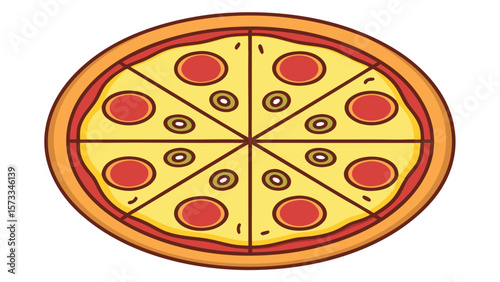 Flat design illustration of a delicious pepperoni and olive pizza cut into slices
