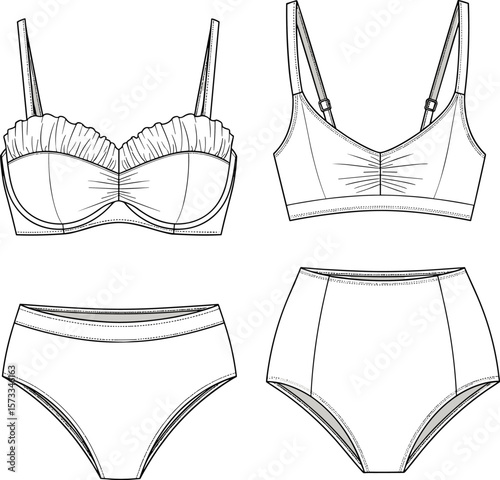 Stylish Bra and Panty Set with Ruffled Detail, Feminine Underwear Fashion Illustration for Designers
